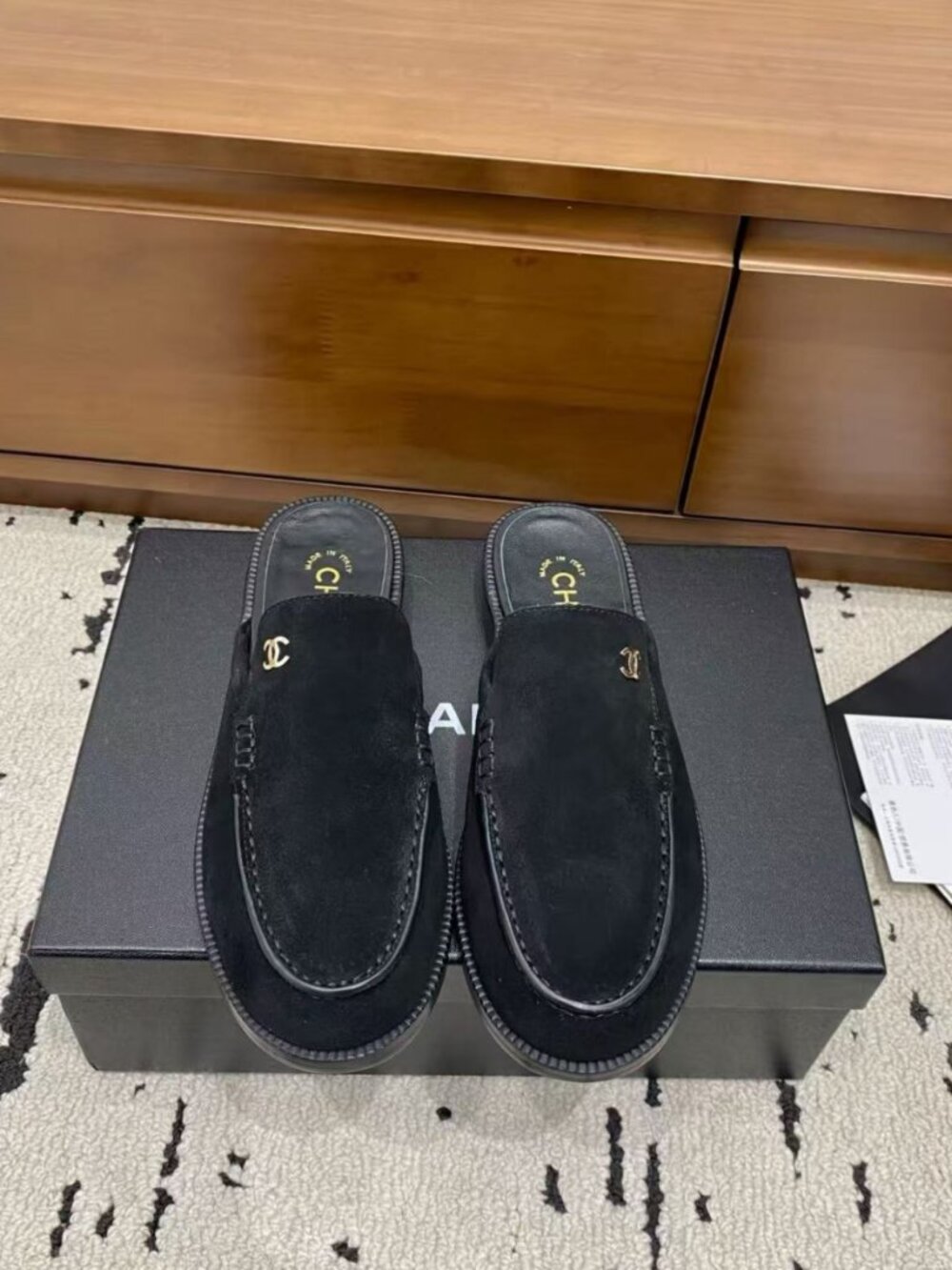 CHANEL Black Suede Gold‑CC Backless Loafer Mule Slides